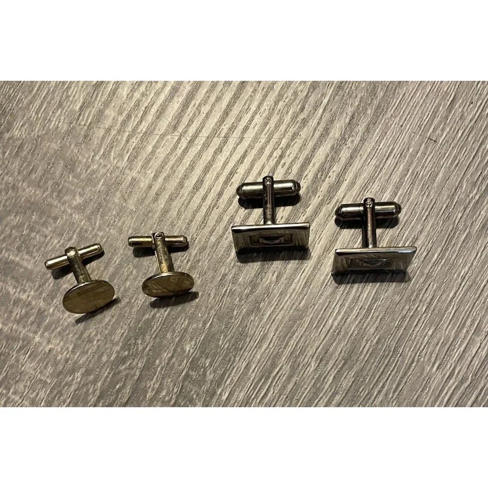 Two Sets of Vintage Retro Cufflinks Silver Tone Rectangular and Oval